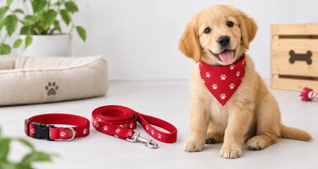 Puppy wearing a bandana with a starter walking set