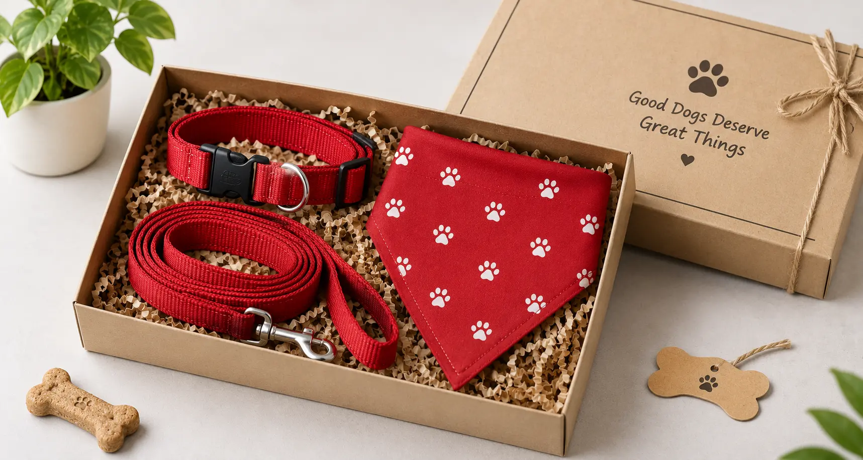 Dog gift set with a collar, leash and bandana