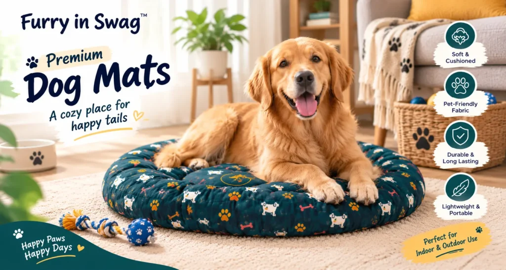 Dog resting on a premium dog mat at home